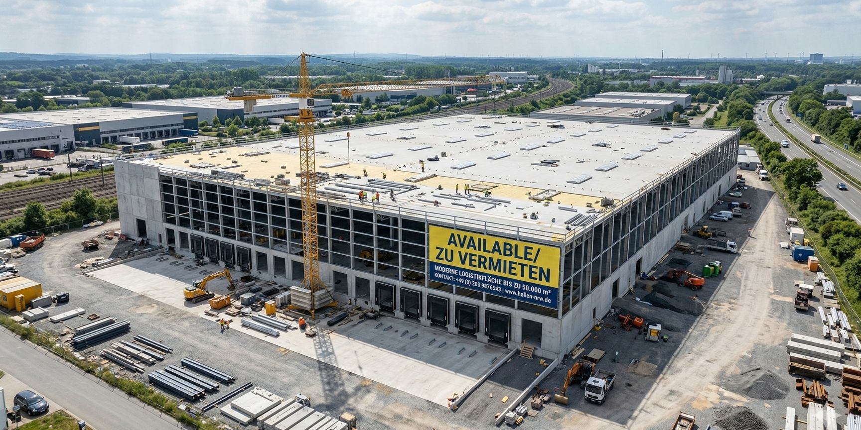 Drohnenaufnahme einer großen Logistikimmobilie im Rohbau (Shell & Core) mit einem auffälligen gelben Banner „Available / Zu vermieten“ als Symbol für eine spekulative Projektentwicklung. Drohnenaufnahme einer großen Logistikimmobilie im Rohbau (Shell & Core) mit einem auffälligen gelben Banner „Available / Zu vermieten“ als Symbol für eine spekulative Projektentwicklung.