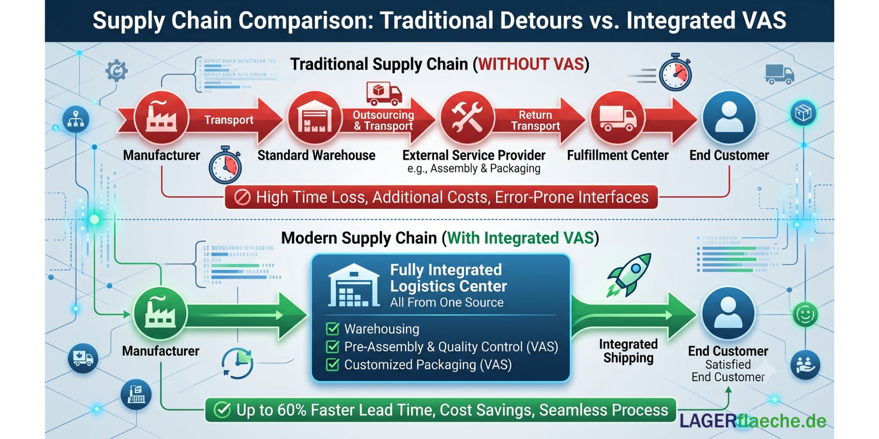 Infographic comparing a traditional, error-prone supply chain with multiple transport steps to a modern, fast supply chain featuring integrated Value Added Services (VAS) in a logistics center.