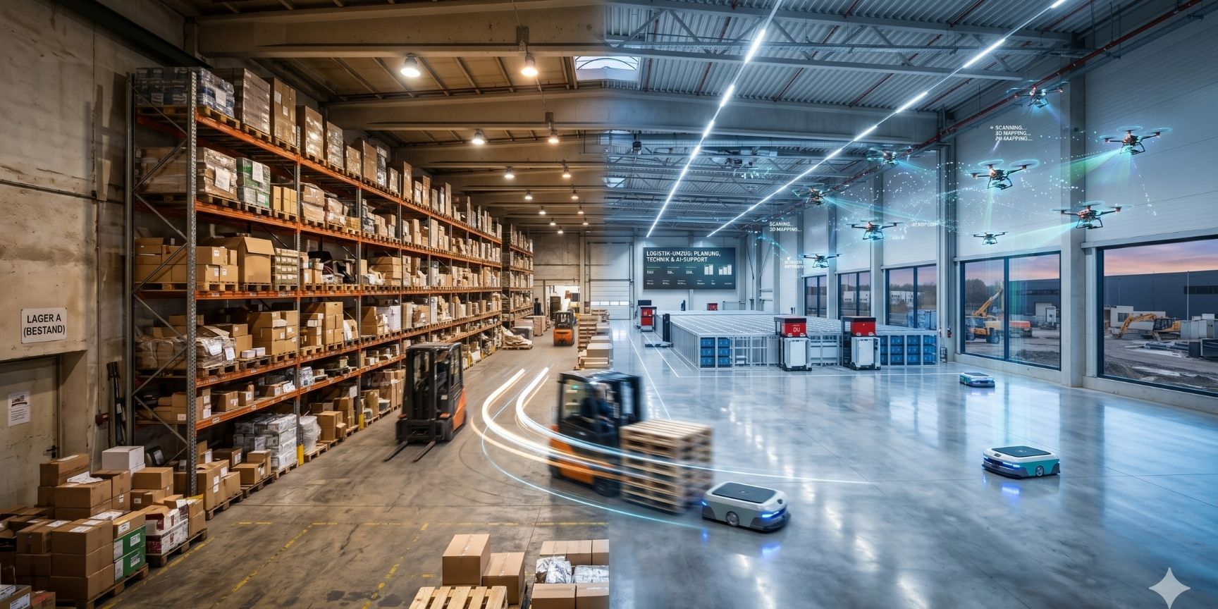 Vorher-Nachher-Vergleich eines Logistikumzugs: Transformation eines herkömmlichen Lagers in ein hochmodernes, automatisiertes Logistikzentrum mit KI-Drohnen und fahrerlosen Transportsystemen