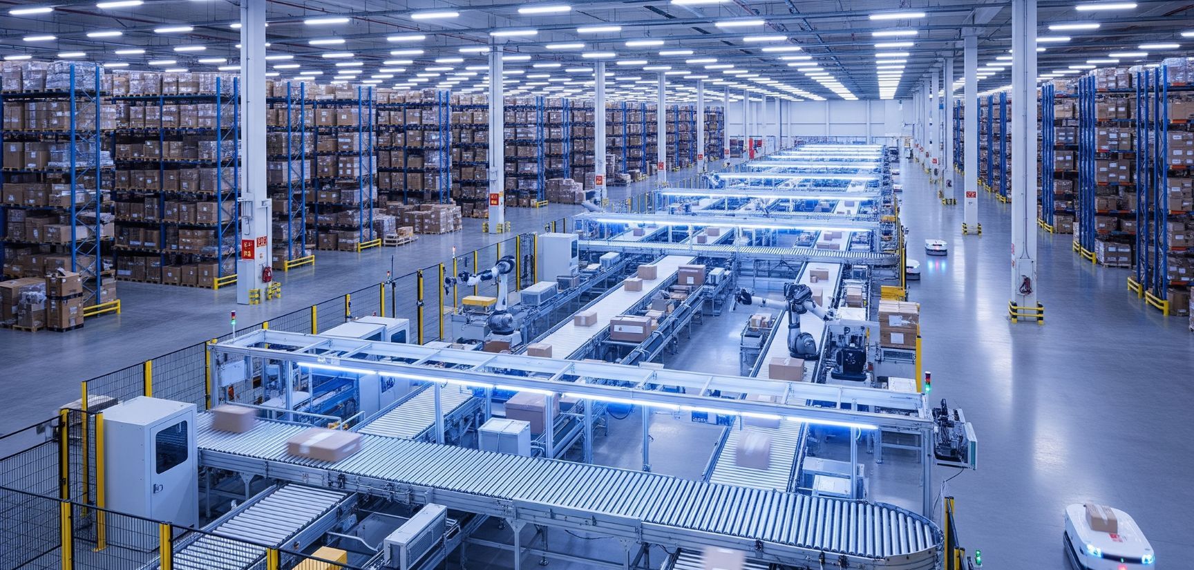 Expansive, modern warehouse with a complex, automated sorting system. Robotic arms and conveyor belts move packages quickly and efficiently under bright LED lighting.