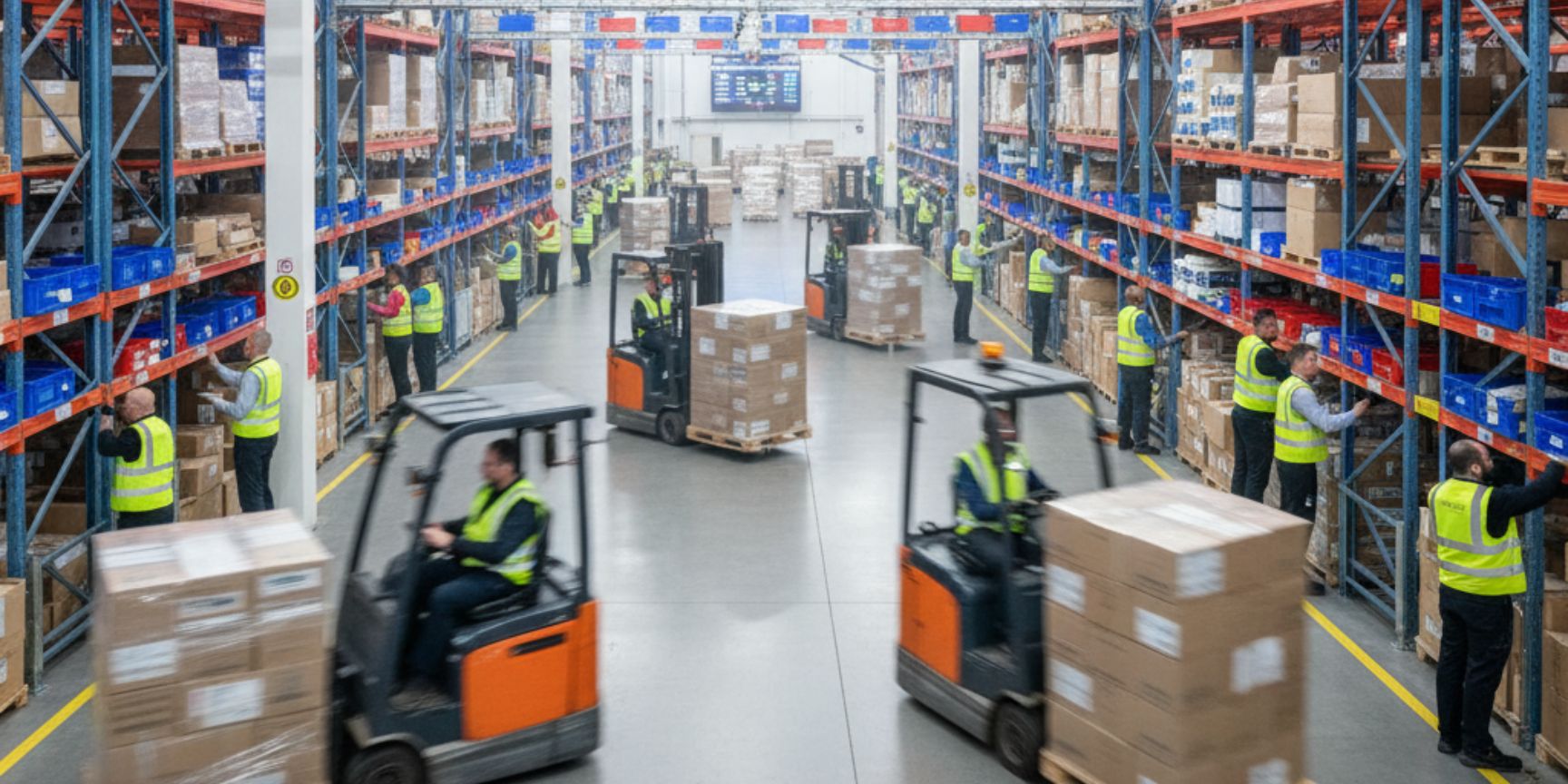 Effiziente E-Commerce-Logistik in einem Warenlager während der Peak Season mit Mitarbeitern und Gabelstaplern.