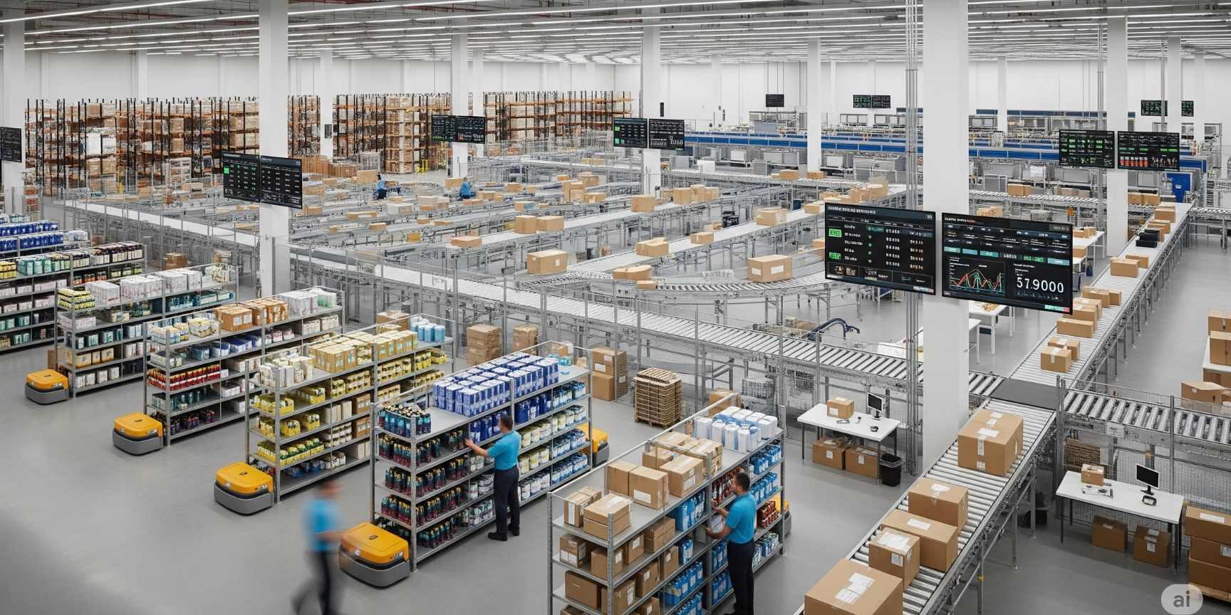 Modern omni-channel warehouse with automated driverless transport systems and employees during picking.