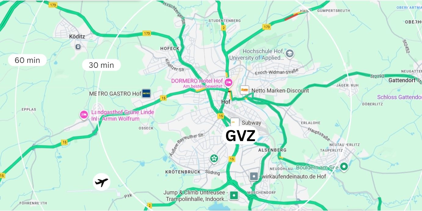 Karte von GVZ Hof: Straßennetz, Autobahnen und Flughafen GVZ Hof mit Anbindungen