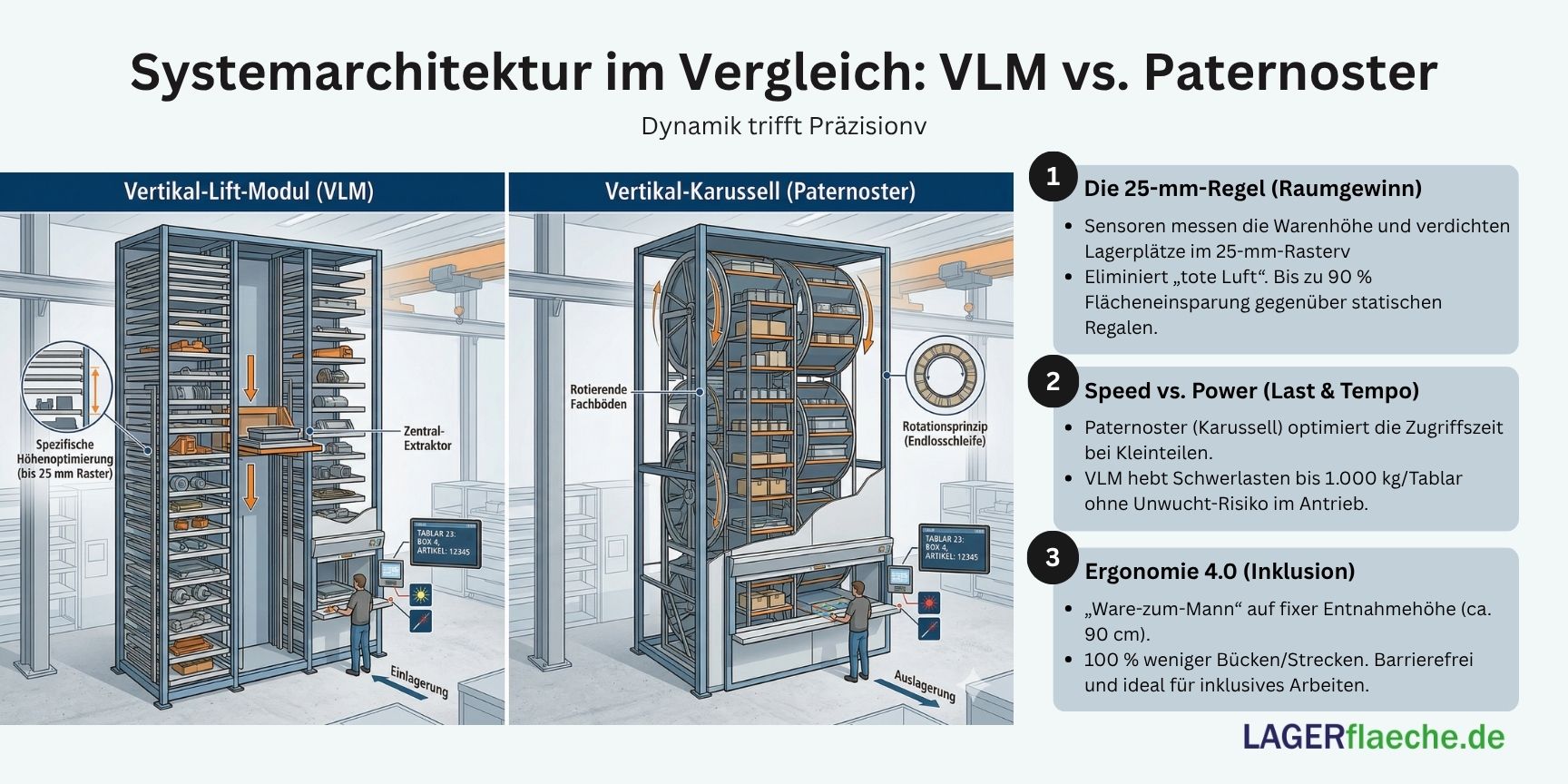 Technischer Vergleich zwischen Vertikallift-Modul (VLM) und Paternoster-Lagersystem: Darstellung der internen Mechanik, Tablarbewegung, Höhenoptimierung und ergonomischen Entnahmeöffnung.