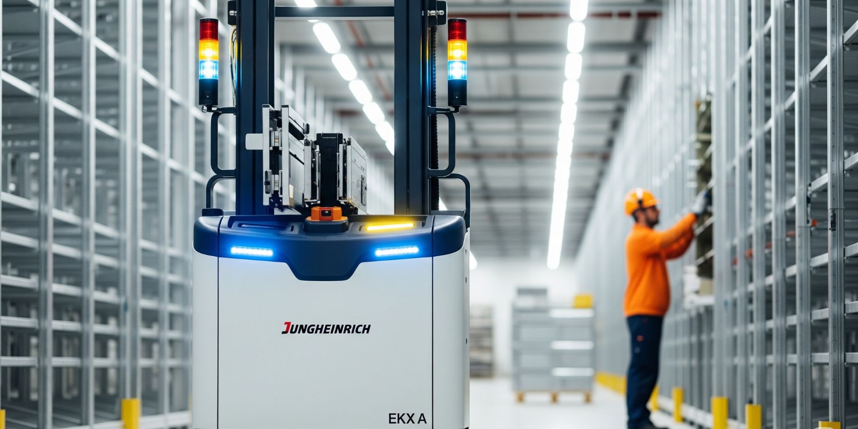 Autonomer Hochregalstapler von Jungheinrich im sicheren Einsatz in der Nähe eines Lagerarbeiters.