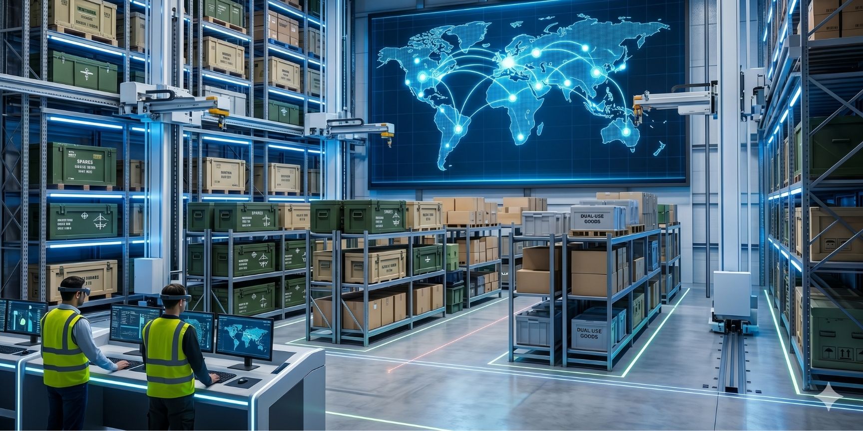 High-tech defense logistics center with automated high-bay warehouse storing military and civilian goods, featuring a digital world map of global supply chain networks.