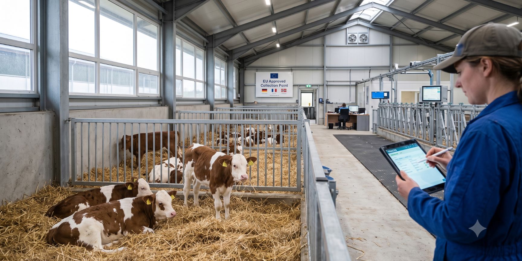 A bright, modern EU collection point for livestock. Brown and white calves rest in spacious group pens lined with fresh straw, while a logistics worker in the foreground checks digital TRACES transport documents on a tablet. A bright, modern EU collection point for livestock. Brown and white calves rest in spacious group pens lined with fresh straw, while a logistics worker in the foreground checks digital TRACES transport documents on a tablet.