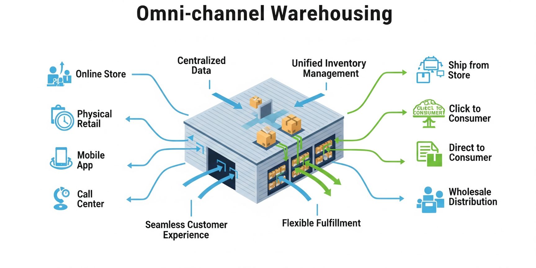 Infographic on omni-channel warehousing: Interaction of central warehouse, online shop, store and mobile channels.