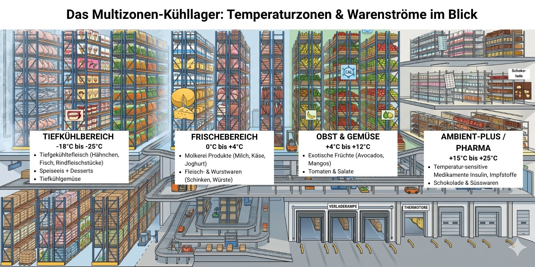 Infografik Querschnitt eines Kühllagers mit farblich codierten Temperaturzonen von Deep Freeze (Tiefkühlbereich) über Chilled und Obst-Gemüse bis Ambient-Plus-Pharma