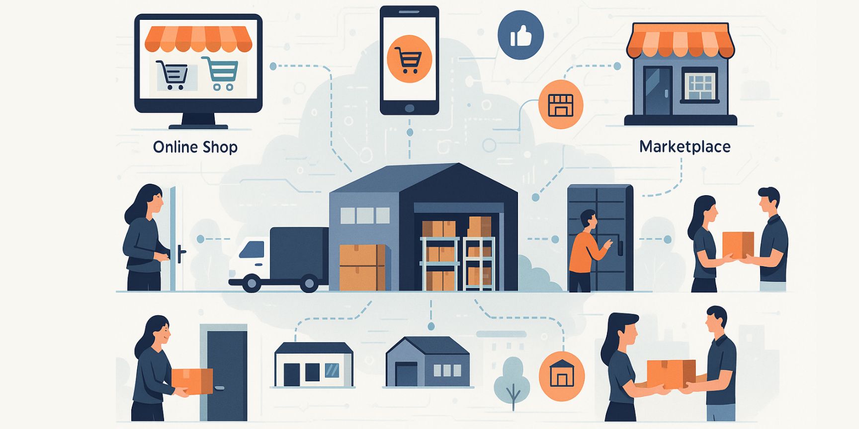 Digitale Illustration einer Omnichannel-Logistikstrategie mit zentralem Lager, verbunden mit Online-Shop, Einzelhandel, App, Marktplätzen und verschiedenen Lieferoptionen wie Heimlieferung und Click & Collect
