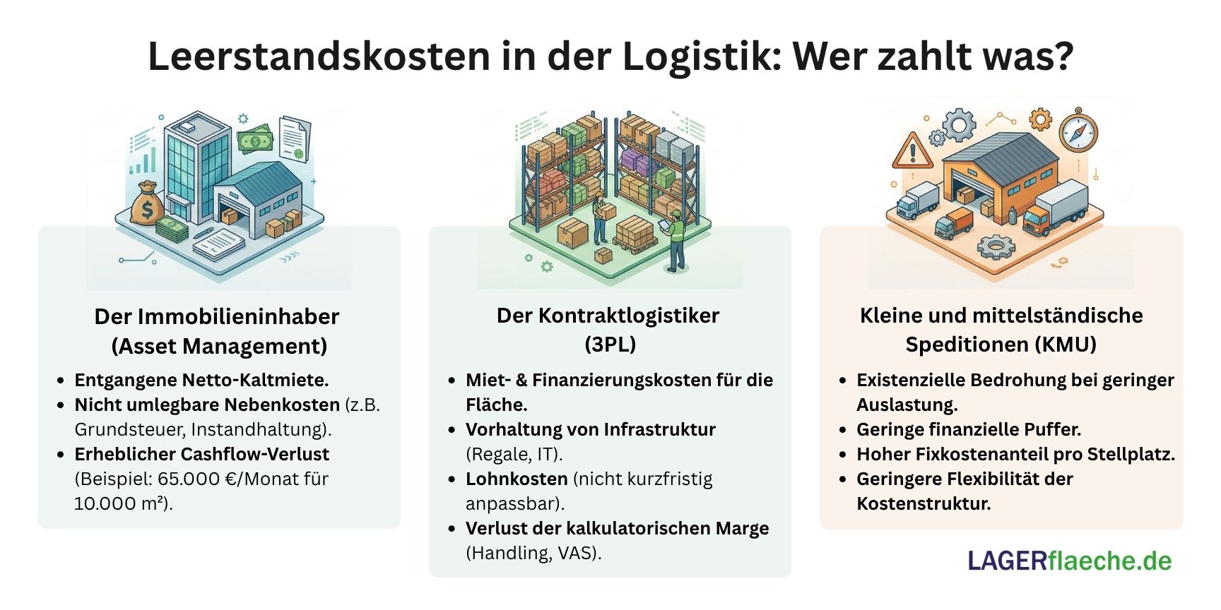 Infografik zu Leerstandskosten in der Logistik: Vergleich der finanziellen Belastungen für Immobilieninhaber, Kontraktlogistiker (3PL) und KMU-Speditionen.