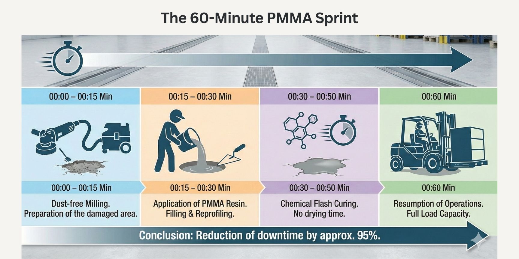 Infographic showing a 4-step PMMA floor repair process, reaching full operational capacity within 60 minutes.
