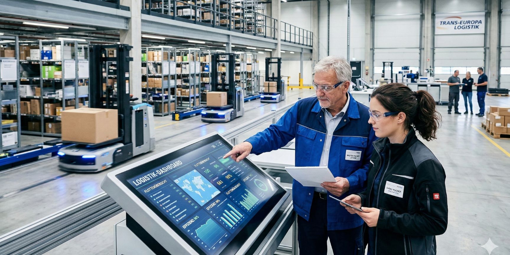 Senior-Inhaber und Nachfolgerin bei der Zusammenarbeit an einem digitalen Dashboard in einer modernen, automatisierten Lagerhalle; Sinnbild für den Generationswechsel in der Logistik und die Verbindung von Tradition mit Innovation.