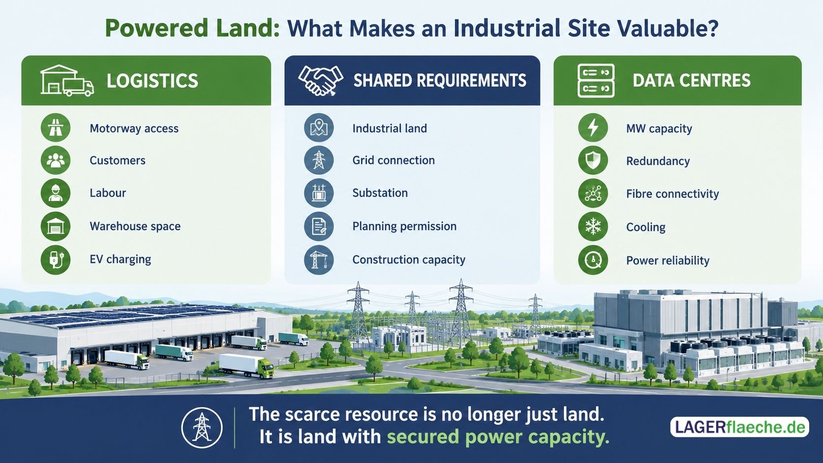 Infographic comparing the location requirements of logistics facilities and data centres, highlighting shared needs such as industrial land, grid connections, substations and construction capacity.