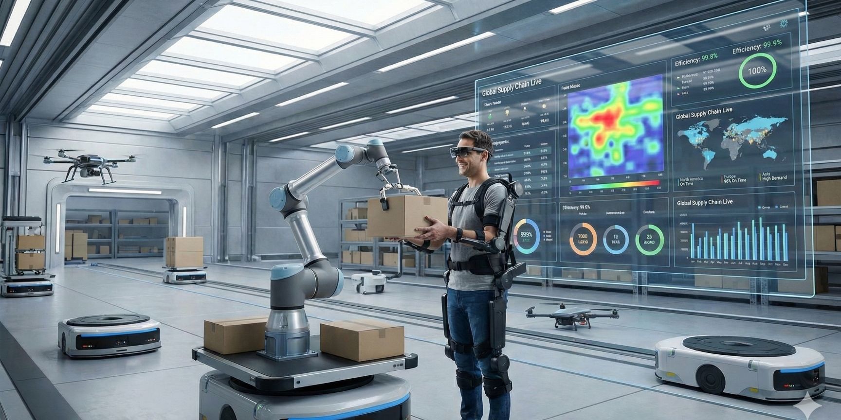 Futuristisches Lagerhaus mit einem Mitarbeiter mit AR-Brille, der mit einem kollaborativen Roboter (Cobot) interagiert, inklusive autonomen Transportrobotern, Drohnen und einem digitalen Dashboard für Datenanalyse.