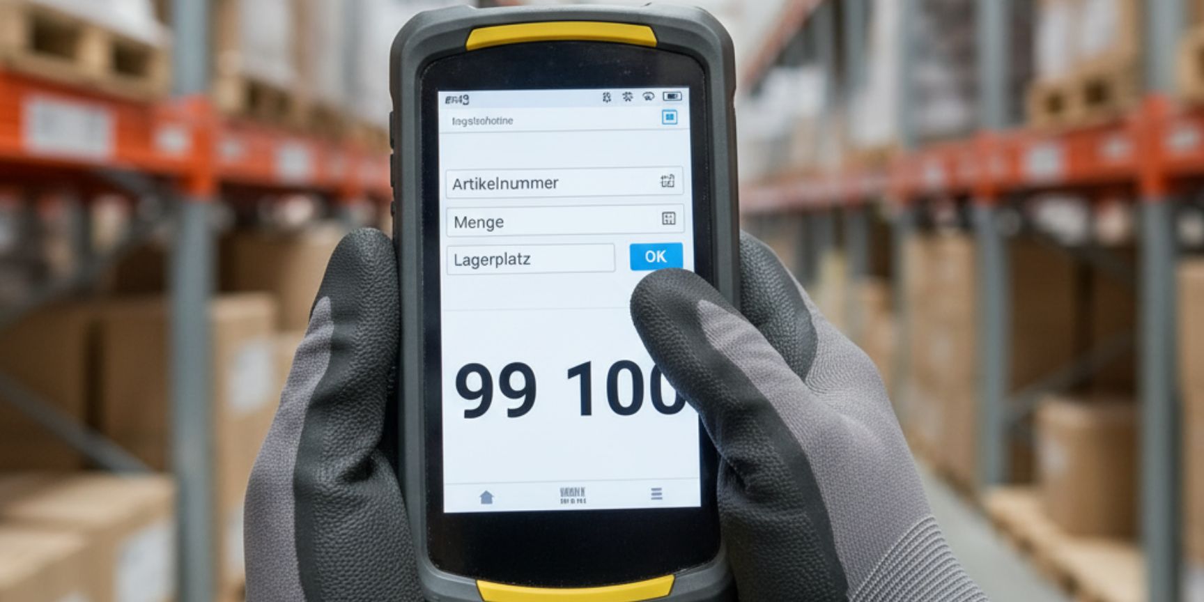 Hand of a warehouse worker using an MDE device for digital inventory recording, blurred storage shelves in the background.