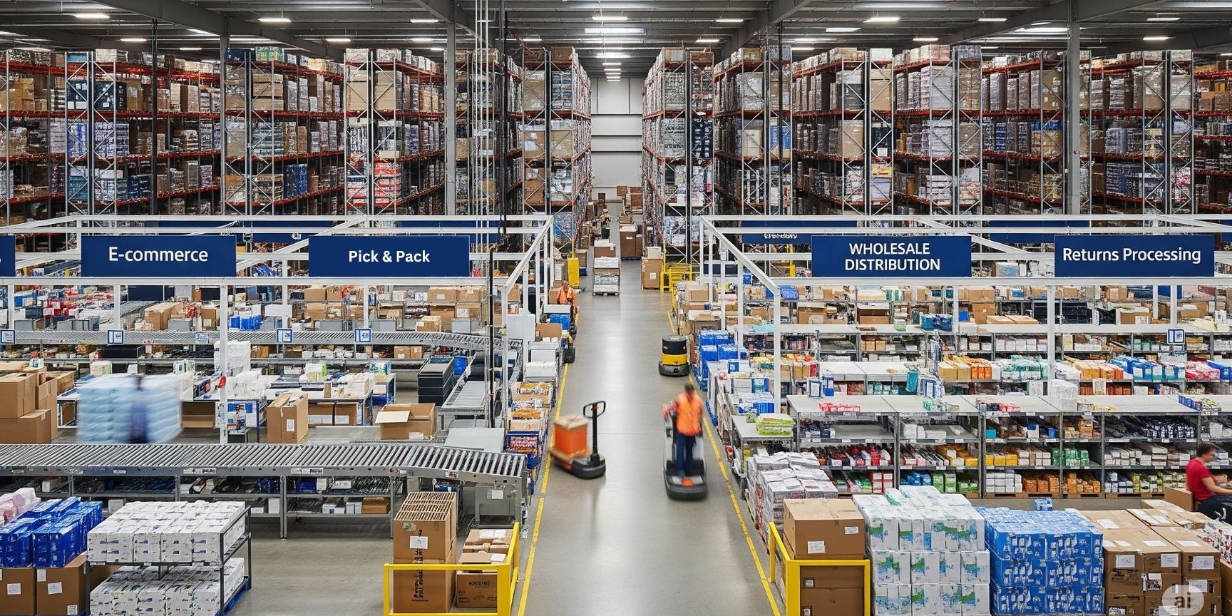 Modernes Multi-Channel-Lager mit Zonen für E-Commerce, Einzelhandel und Großhandel – Effiziente Logistik und Lagerhaltung