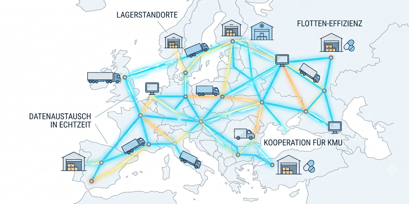 Connected Supply Chain: A tightly knit European logistics network that digitally and physically connects freight forwarders, trucks, and warehouses. Connected Supply Chain: A tightly knit European logistics network that digitally and physically connects freight forwarders, trucks, and warehouses.