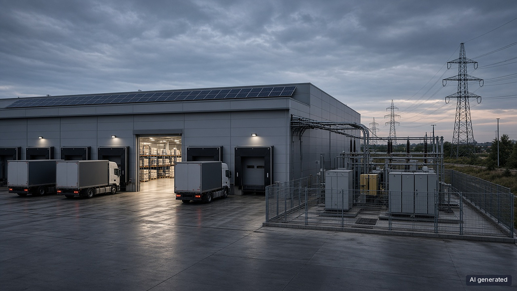 Moderne Logistikhalle mit Verladetoren, Lkw, Trafostation und Hochspannungsleitungen in der Abenddämmerung Moderne Logistikhalle mit Verladetoren, Lkw, Trafostation und Hochspannungsleitungen in der Abenddämmerung