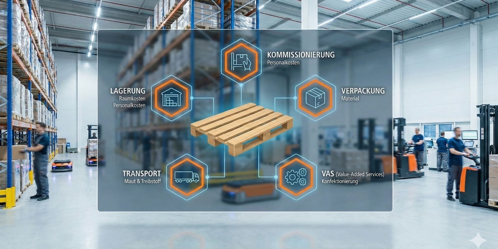 Modernes Logistiklager mit einer Infografik zur Zusammensetzung der Logistikkosten pro Palette: Visualisierung von Einlagerung, Kommissionierung, Verpackung, Transport und Value-Added-Services (VAS).