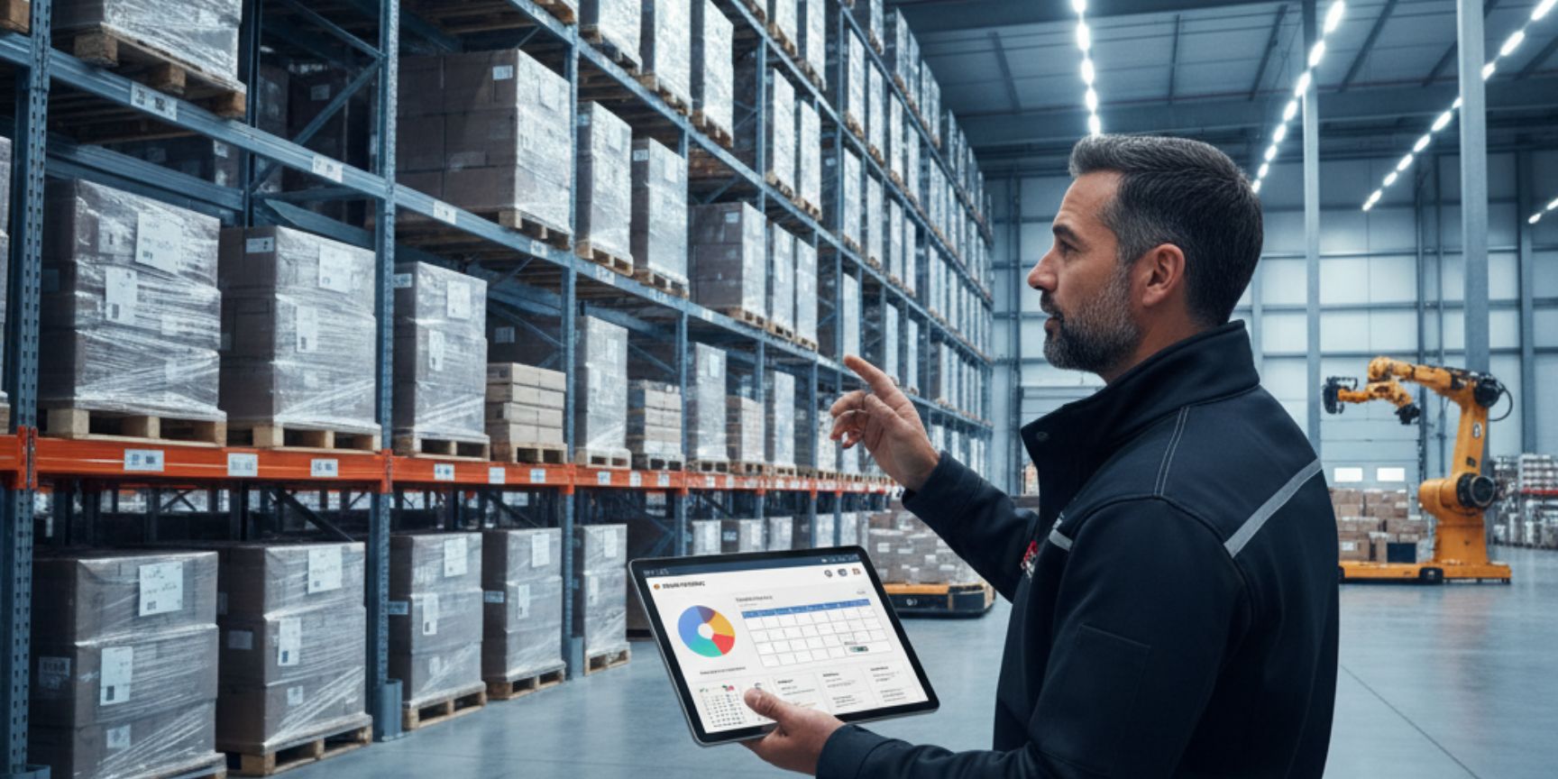 Logistikmanager steuert flexible Lagerflächen und Bestände per Tablet in einem modernen Distributionszentrum.