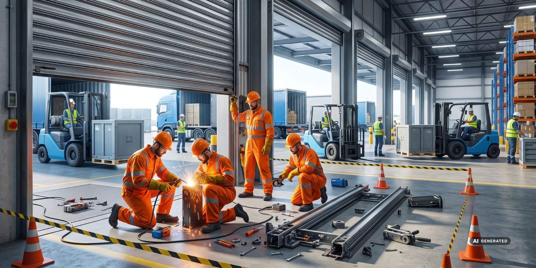 Logistik-Techniker reparieren im laufenden Betrieb ein Industrietor. Visualisiert die massiv steigenden Instandsetzungskosten (OPEX) in Logistikimmobilien. Logistik-Techniker reparieren im laufenden Betrieb ein Industrietor. Visualisiert die massiv steigenden Instandsetzungskosten (OPEX) in Logistikimmobilien.