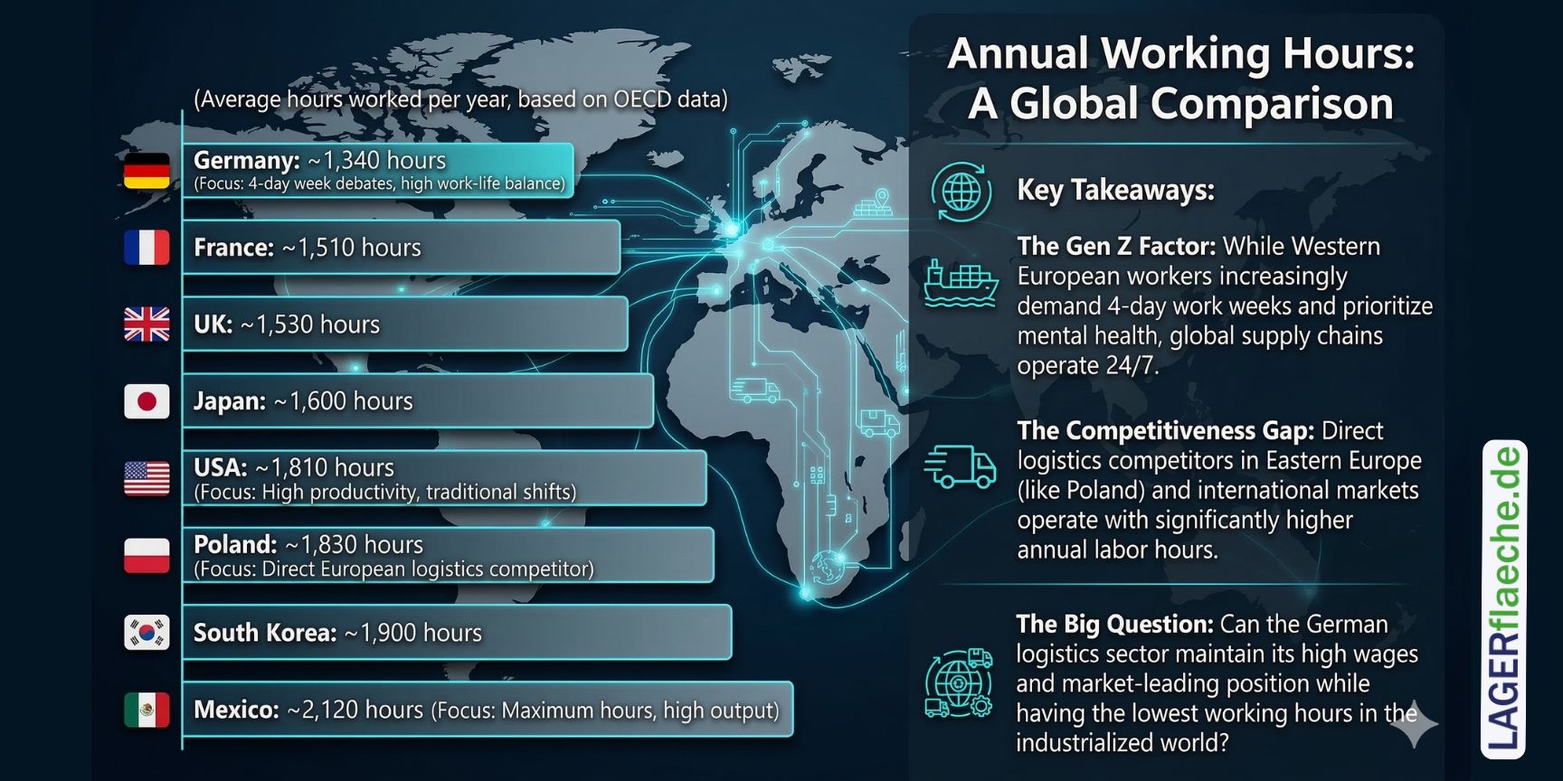 Infographic with a world map and bar chart: A global comparison of annual working hours, showing Germany significantly behind competitors like Poland or the USA with around 1,340 hours.