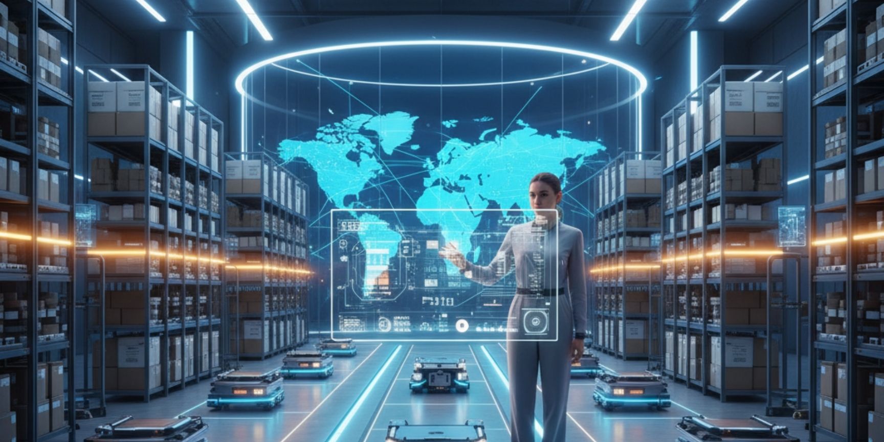 Zukunft der Logistik: Ein automatisiertes Warehouse, gesteuert durch KI (Neo-Logistik), mit Robotern und digitaler Vernetzung.