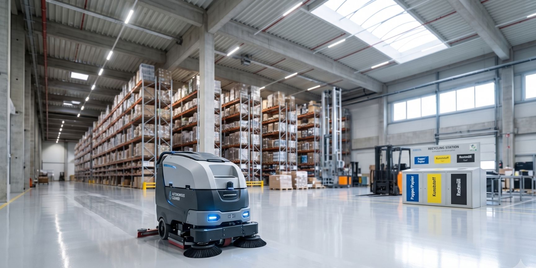 Autonomous scrubber-drier robot cleaning the shiny epoxy resin floor in a modern logistics warehouse near a recycling station.