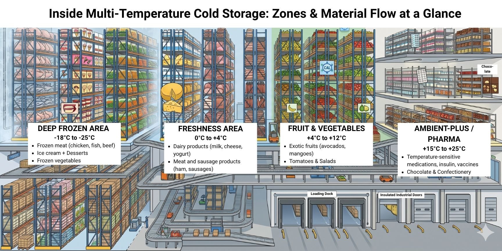 Infographic cross-section of a multi-temperature cold storage facility showing color-coded zones from Deep Freeze and Chilled to Fruit-Vegetables and Ambient Pharma