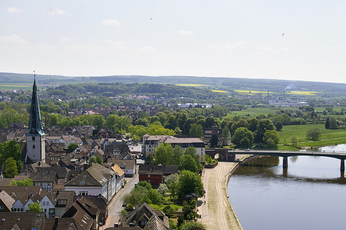 Weser riverbank in Holzminden, district town in the Weser Uplands Weser riverbank in Holzminden, district town in the Weser Uplands