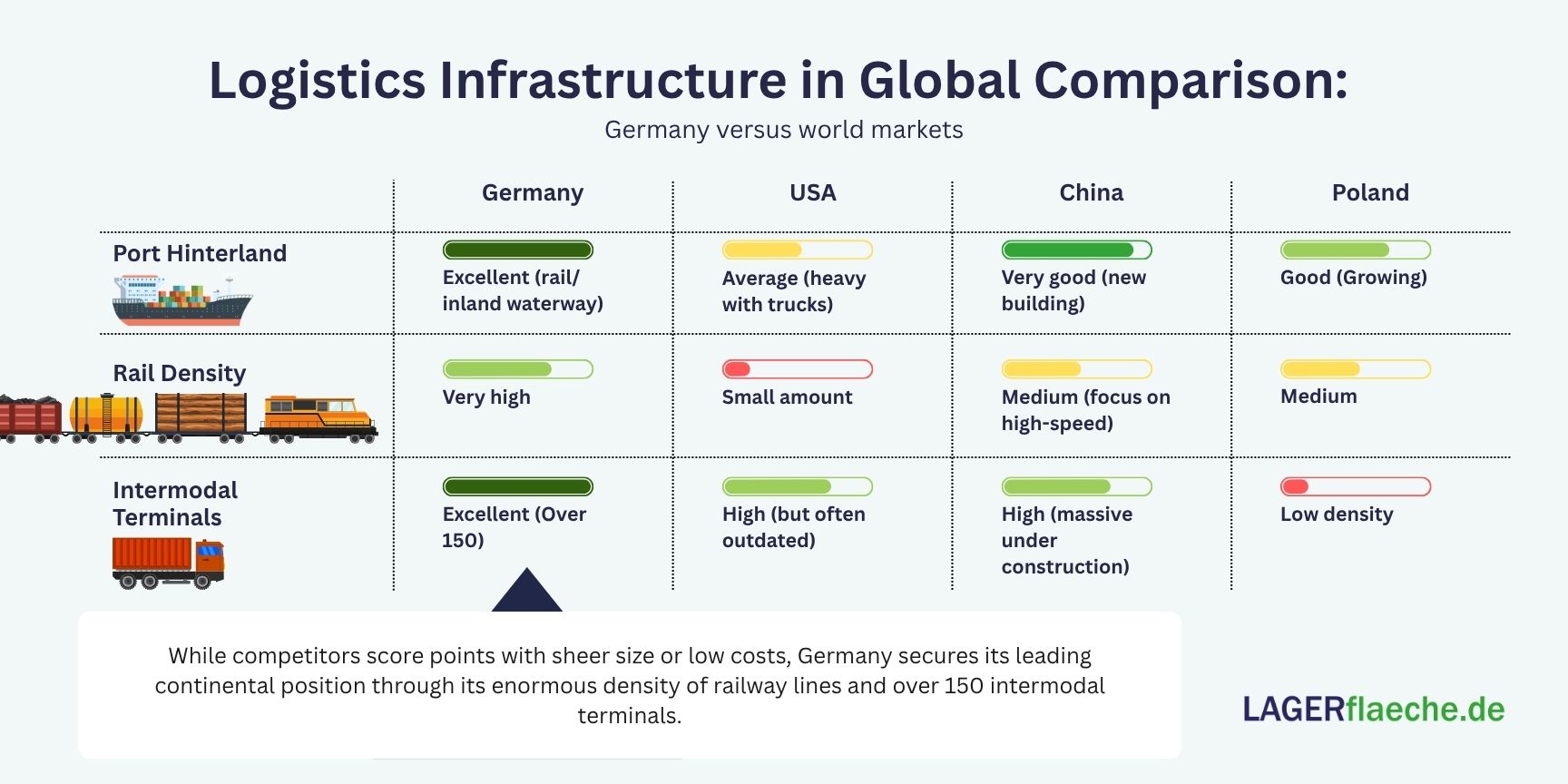 Infographic table comparing the logistics infrastructure of Germany, USA, China, and Poland regarding port hinterland connectivity, rail density, and intermodal terminals
