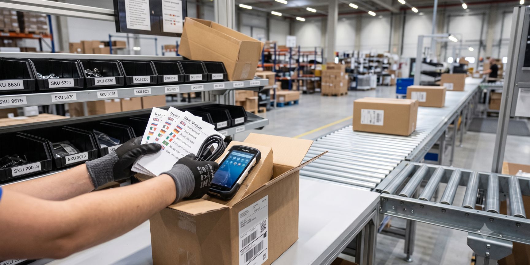 A logistics worker at a modern packing station in a bright warehouse assembling a customized product set (kitting) with electronics and country-specific manuals.