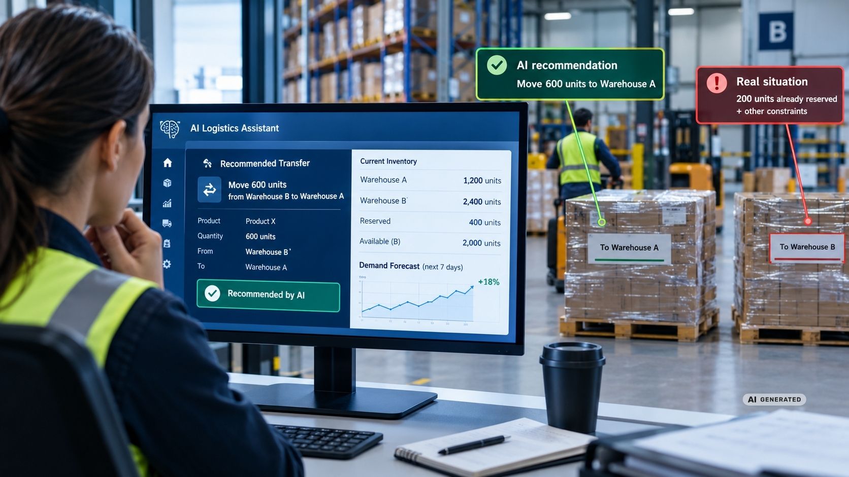 KI-gestützte Lagerlogistik mit digitaler Bestandsanalyse und einer fehlerhaften Empfehlung für einen Warenumschlag KI-gestützte Lagerlogistik mit digitaler Bestandsanalyse und einer fehlerhaften Empfehlung für einen Warenumschlag