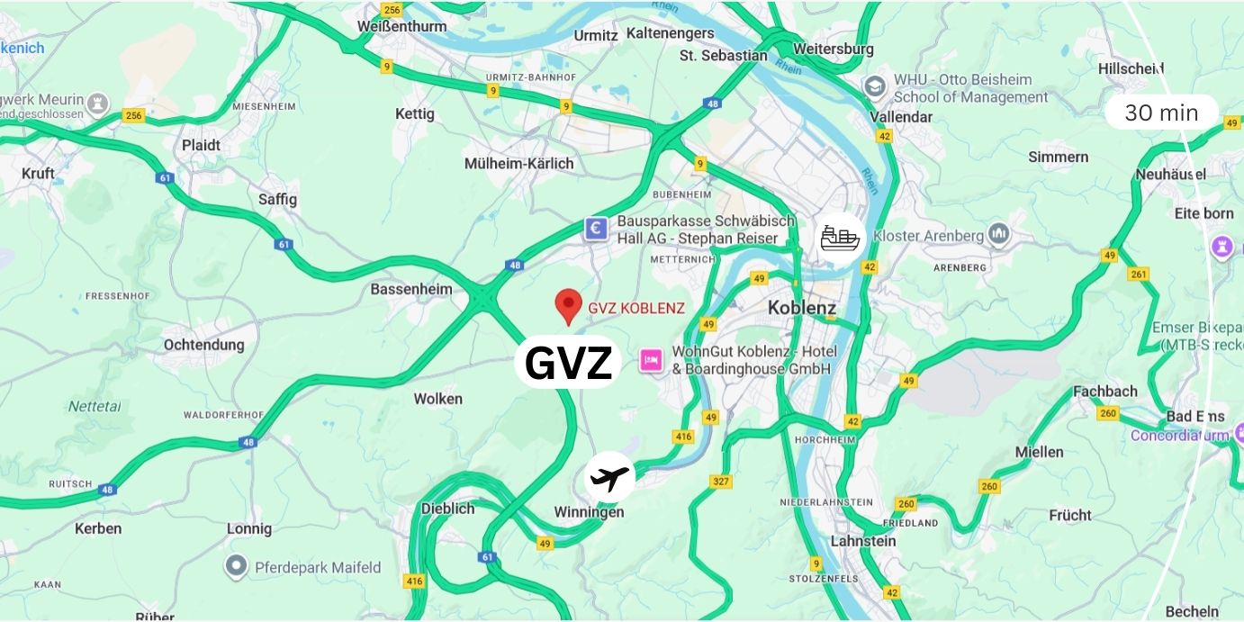Karte von Koblenz: Straßennetz, Autobahnen und Flughafen mit Anbindungen