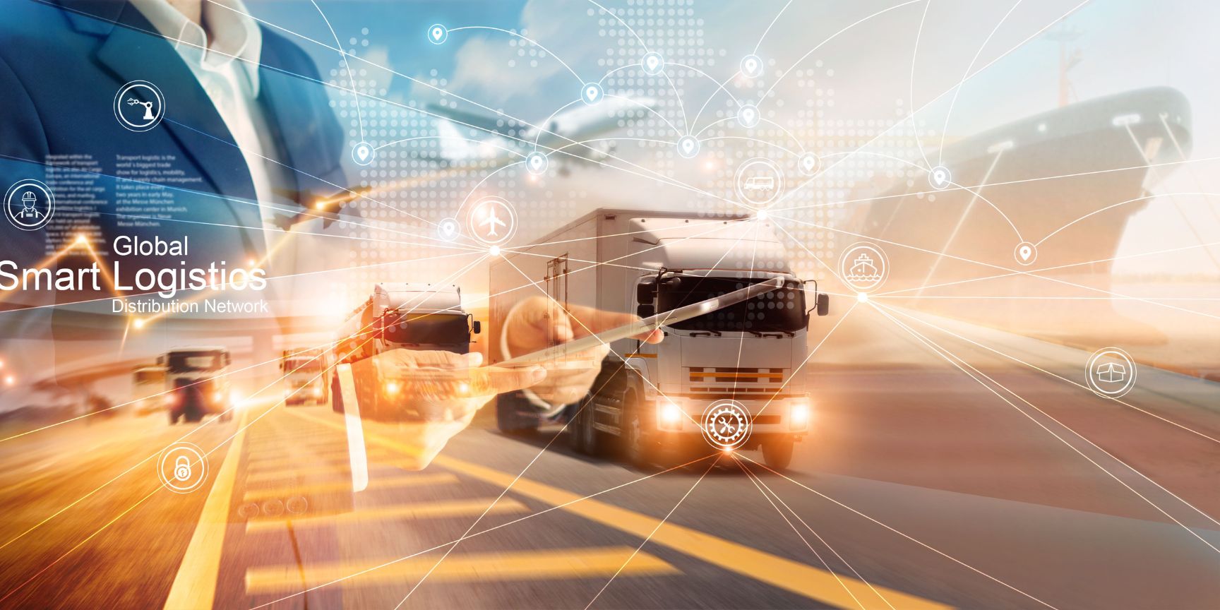 Global logistics supply chain: container freighter, cargo plane, delivery van and automated warehouse for B2C and B2B online trade