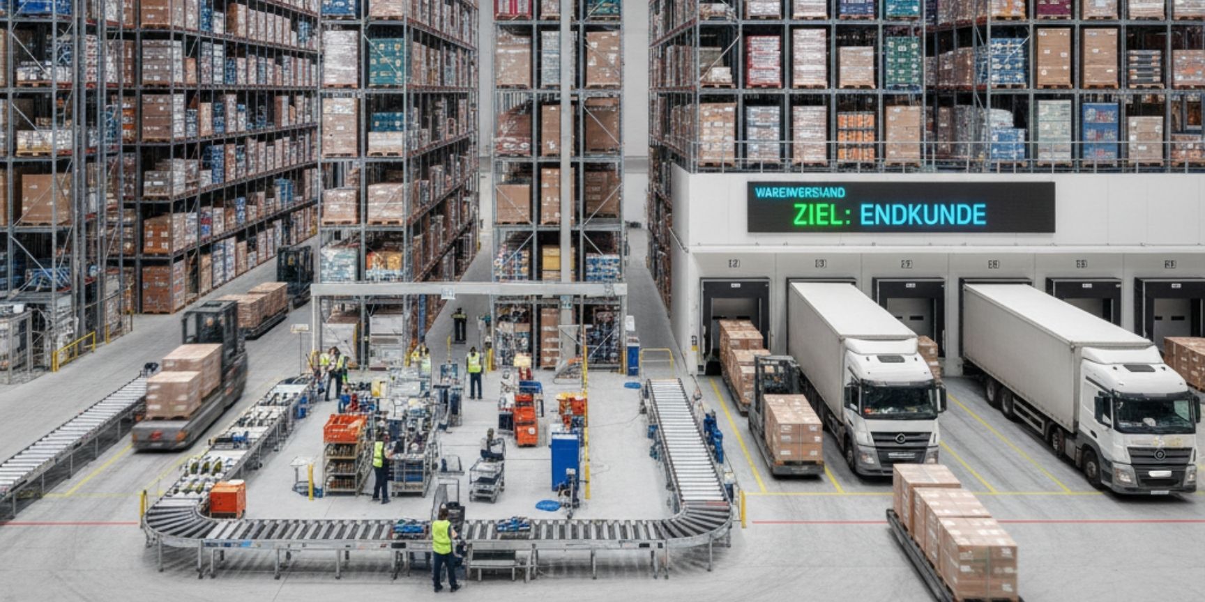 Modern logistics property with high-bay warehouses, picking area, conveyor technology and truck docking stations, symbolizes the efficient flow of goods in forward logistics.