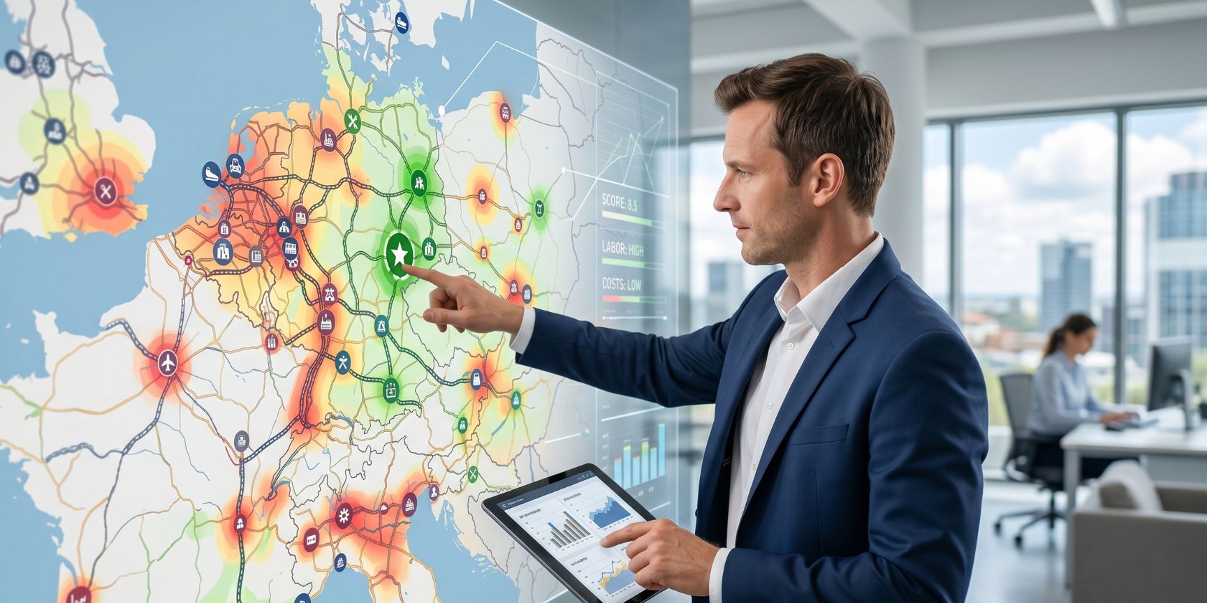 Logistik-Experte bewertet Standorte auf einer digitalen Karte mit Verkehrsnetzwerk und regionalem Scoring für effiziente Lagerlogistikimmobilien.