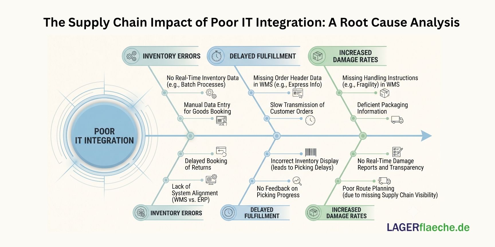 Ishikawa diagram showing how poor IT integration in the supply chain causes inventory errors, delayed fulfillment, and increased damage rates.