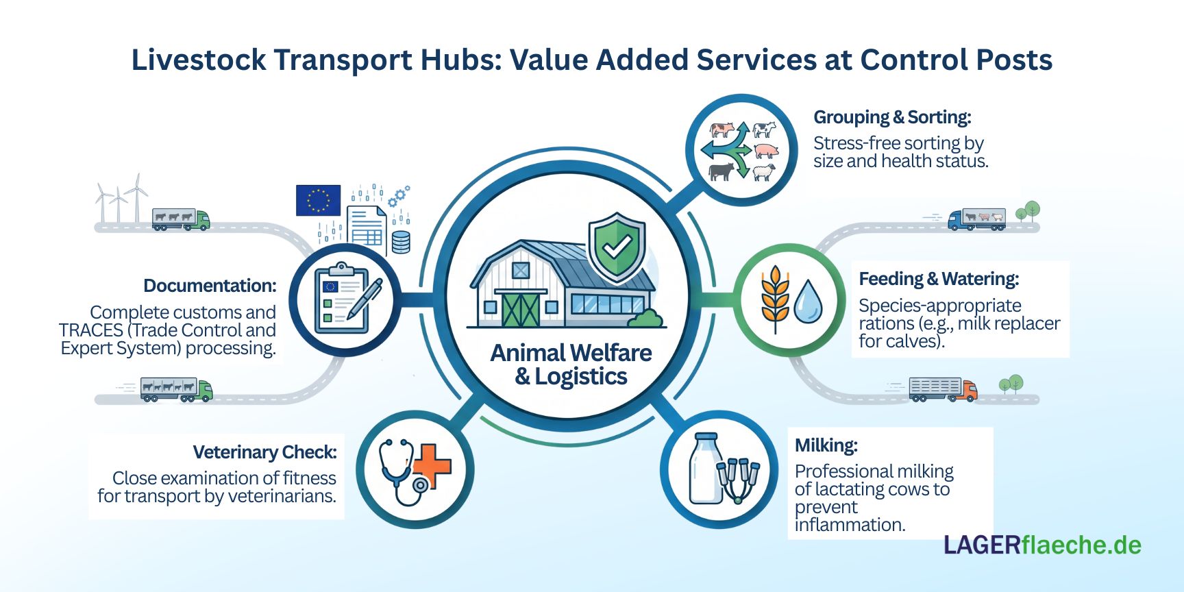 Infographic illustrating 5 Value Added Services provided at control posts in animal logistics - stress-free grouping and sorting, species-appropriate feeding and watering, professional milking, veterinary checks for transport fitness, and complete customs and TRACES documentation.