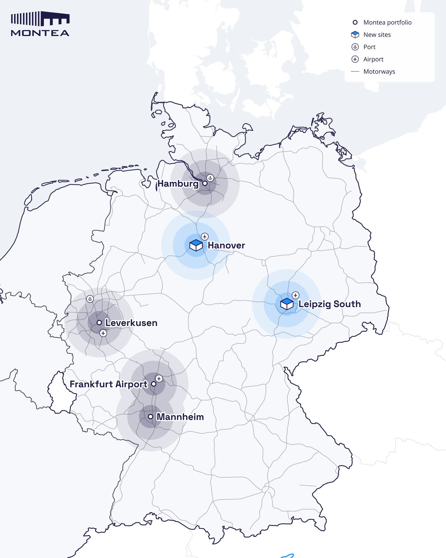 Deutschlandkarte der Montea-Logistikstandorte Hamburg, Leverkusen, Frankfurt Flughafen und Mannheim mit den neuen Standorten Hannover und Leipzig Süd, Häfen, Flughäfen und Autobahnen