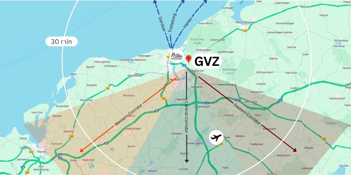 Karte von Rostock: Straßennetz, Autobahnen und Flughafen Rostock mit Anbindungen