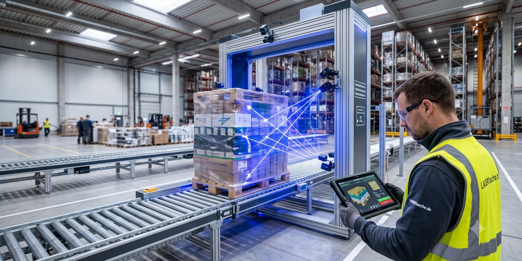 Automated scanner gate checks a Euro pallet in a modern logistics center for damage using AI and laser technology. Automated scanner gate checks a Euro pallet in a modern logistics center for damage using AI and laser technology.