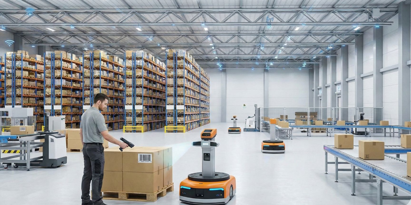 Moderne Netzwerk-Infrastruktur in einem digitalen Logistiklager mit WLAN und 5G-Abdeckung