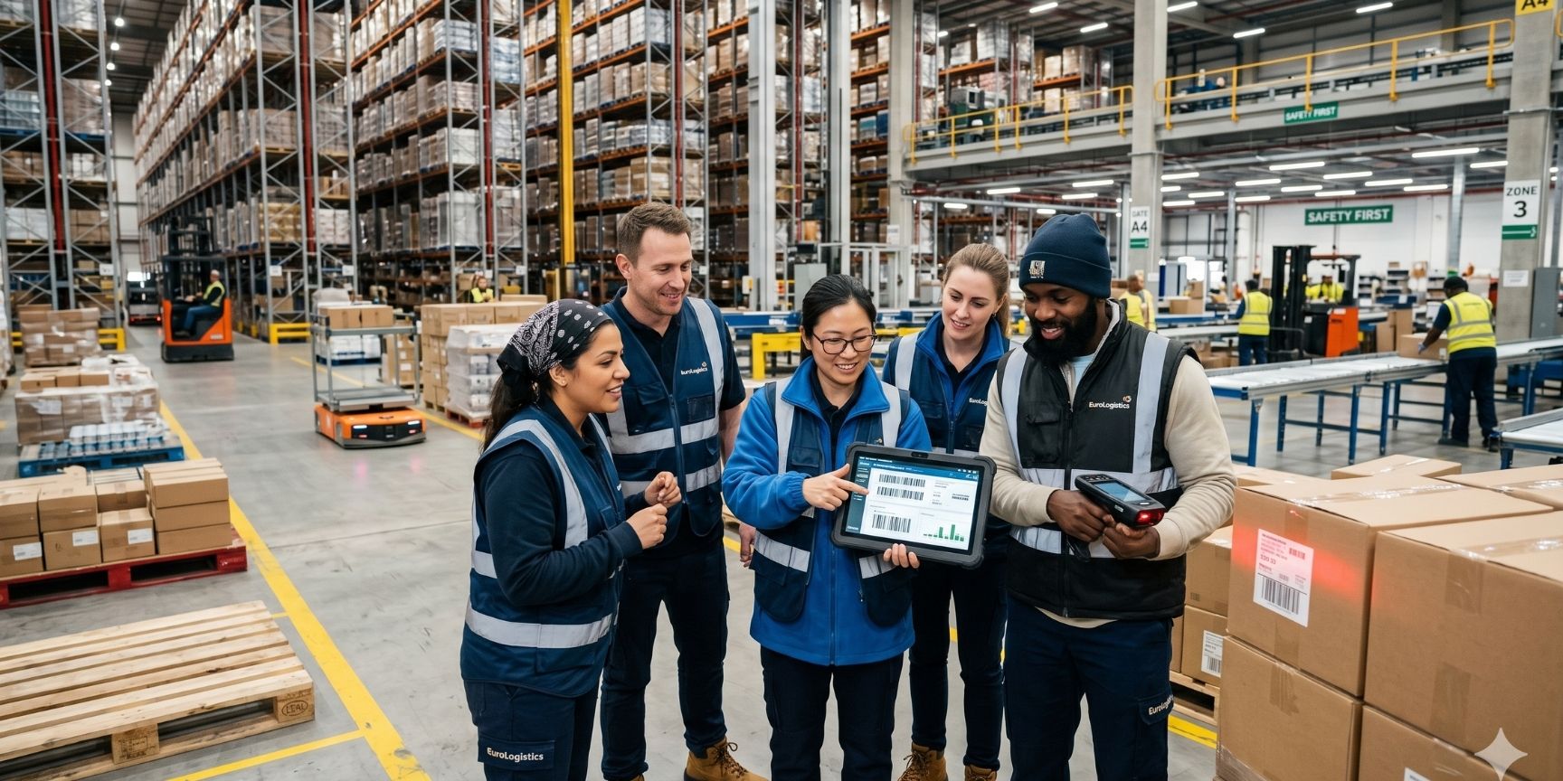 Diverses Team von Logistikfachkräften bei der Zusammenarbeit mit einem Tablet und Handscanner in einem hochmodernen Logistikzentrum.