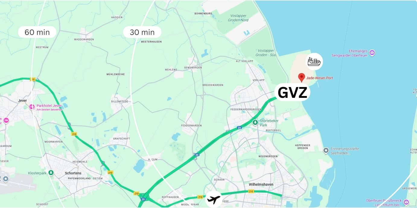 Karte von GVZ JadeWeserPort: Straßennetz, Autobahnen und Flughafen GVZ JadeWeserPort mit Anbindungen