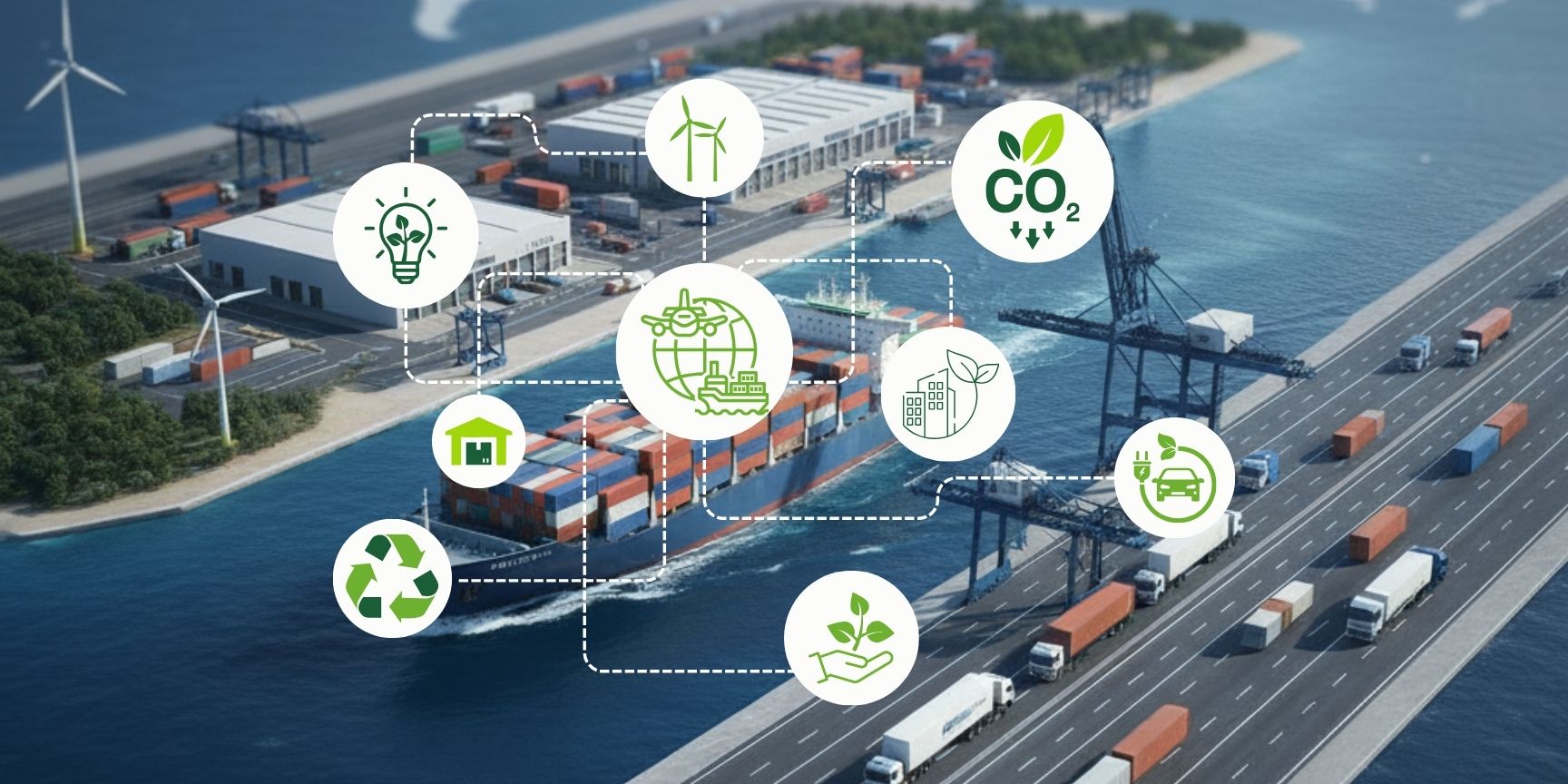A graphic showing an interconnected supply chain (truck, ship, plane, warehouse) with the symbols of the sustainability. A graphic showing an interconnected supply chain (truck, ship, plane, warehouse) with the symbols of the sustainability.