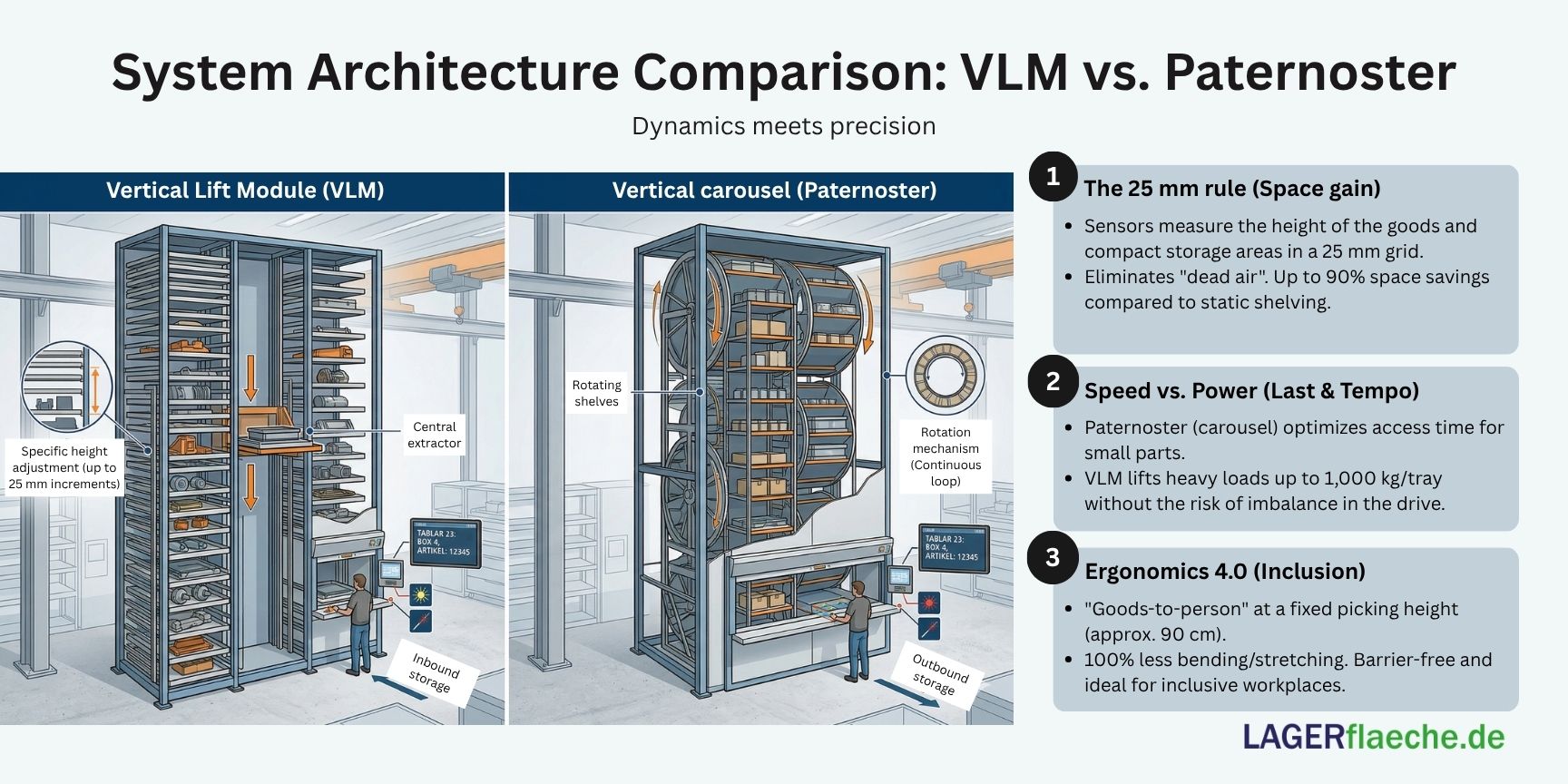 Technical comparison of Vertical Lift Module (VLM) and Paternoster carousel storage systems, illustrating internal mechanisms, tray movements, height optimization, and ergonomic access points.