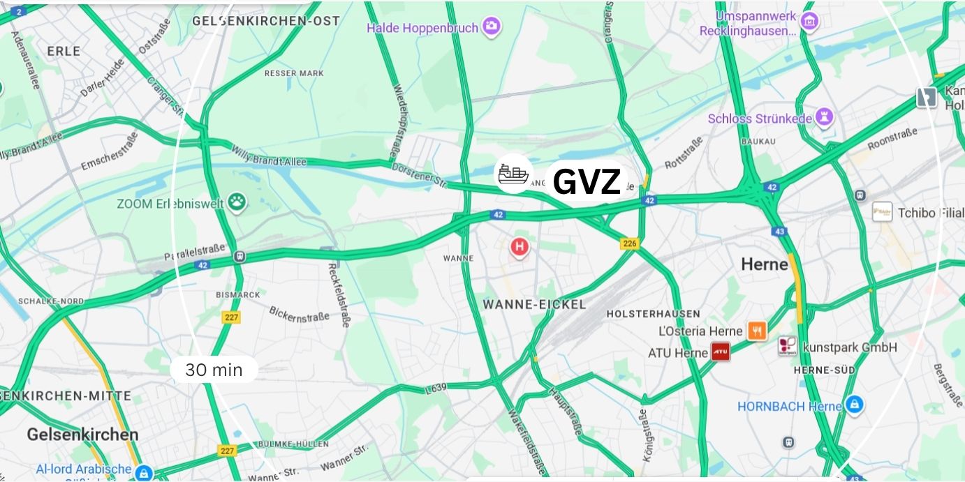 Karte von GVZ Herne Emscher: Straßennetz, Autobahnen und Flughafen GVZ Herne Emscher mit Anbindungen