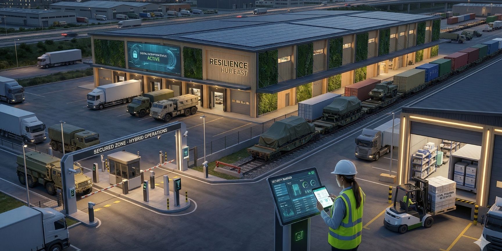 High-security dual-use logistics hub at dusk with rail access and digital monitoring.